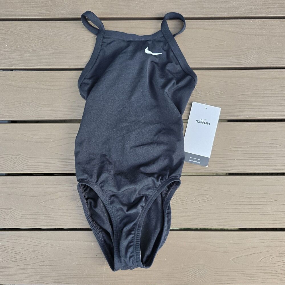 Nike Youth Girl's Solid Black Racerback One Piece Swim Suit Sz 22 New